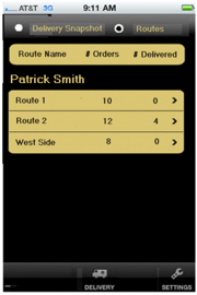 FTD Mercury: X4 Mobile Plus Delivery screen with Delivery Snapshot and Routes options. "Routes" is selected.