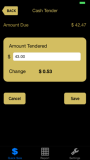 Quick Sale mobile app (X5 Fall) Cash Tender screen