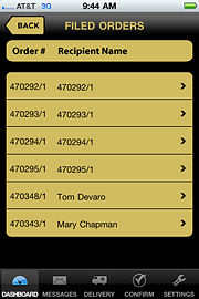 FTD Mercury Mobile Dashboard Filed Orders Screen